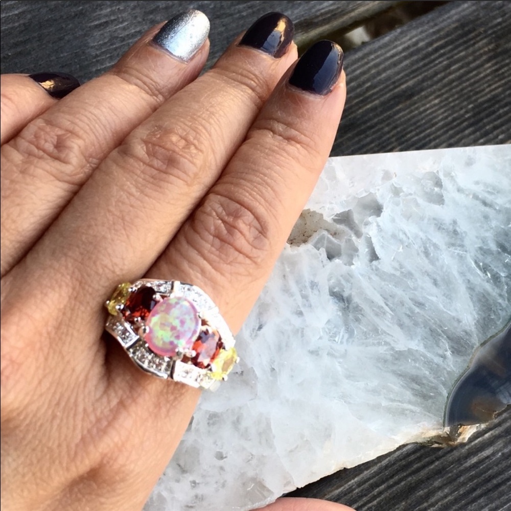Gorgeous Pink Opalite & Sapphire Ring Size 10